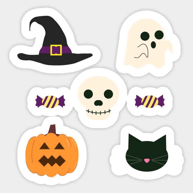 Cute Halloween Design with Ghost, Pumpkin, Skull, Cat, and Witch Hat Sticker by Aoxydesign